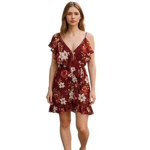 Nicholas 100% Silk Burgundy Floral Ruffle Mini Dress Size 4  NWT Designer